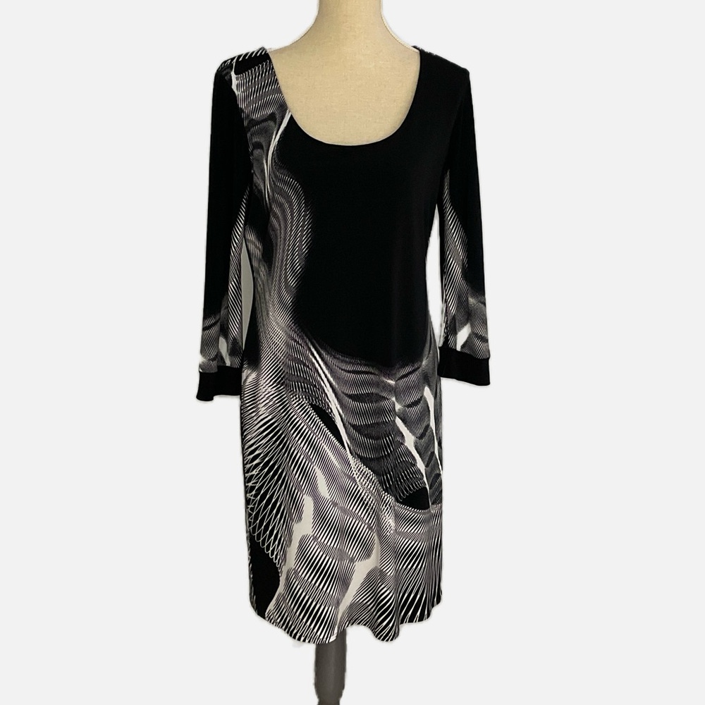 Evo Vorro Bodycon Midi Dress Scoop neck 3/4 Sleeves Abstract Black White Large